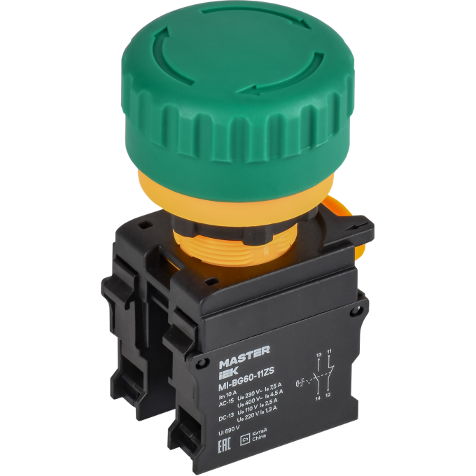 Кнопка IEK MASTER MI-BG60-11ZS-3-23-K06 "Грибок" поворотная с фиксацией 1NO+1NC зелёная MI-BG600-11ZS-3-23-K06
