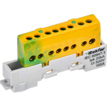 Шина PE "земля" IEK TEKFOR TF-NN10-08-KL-K52 изолированная на универсальном держателе 6х9-8-ЖЗ Шина PE "земля" IEK TEKFOR TF-NN10-08-KL-K52 изолированная на универсальном держателе 6х9-8-ЖЗ