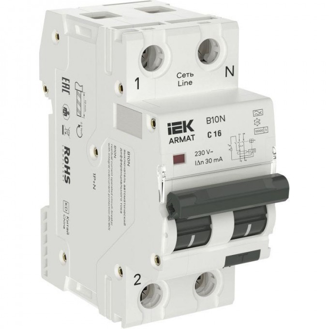 Выключатель автоматический дифференциального тока IEK ARMAT АВДТ B10N 2п (1P+NP) C 16 30мА 36мм тип A AR-B10N-1N-C016A030